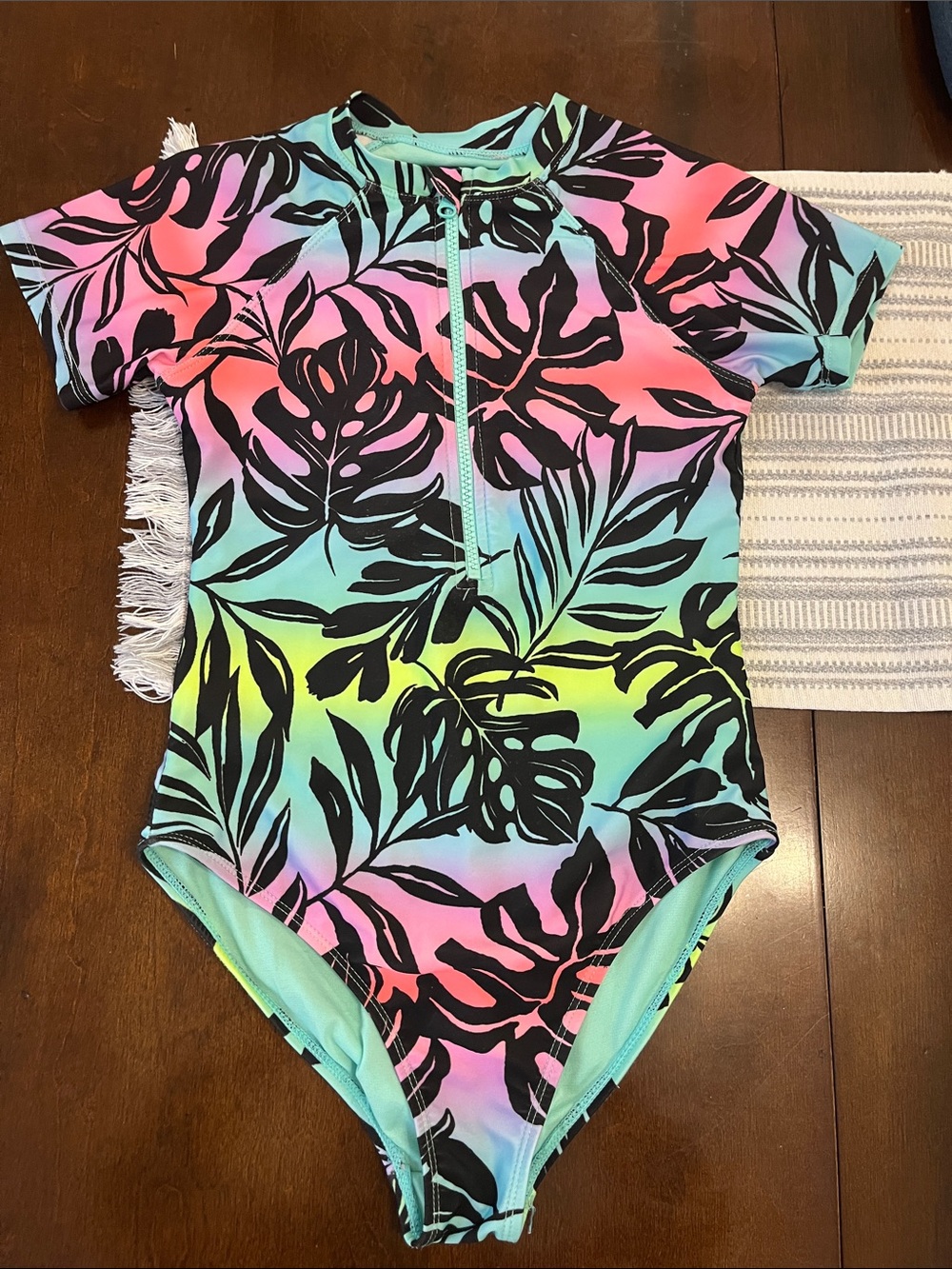 wonder nation Rainbow Ombre Tropical Leaf Zip One-Piece Swimsuit